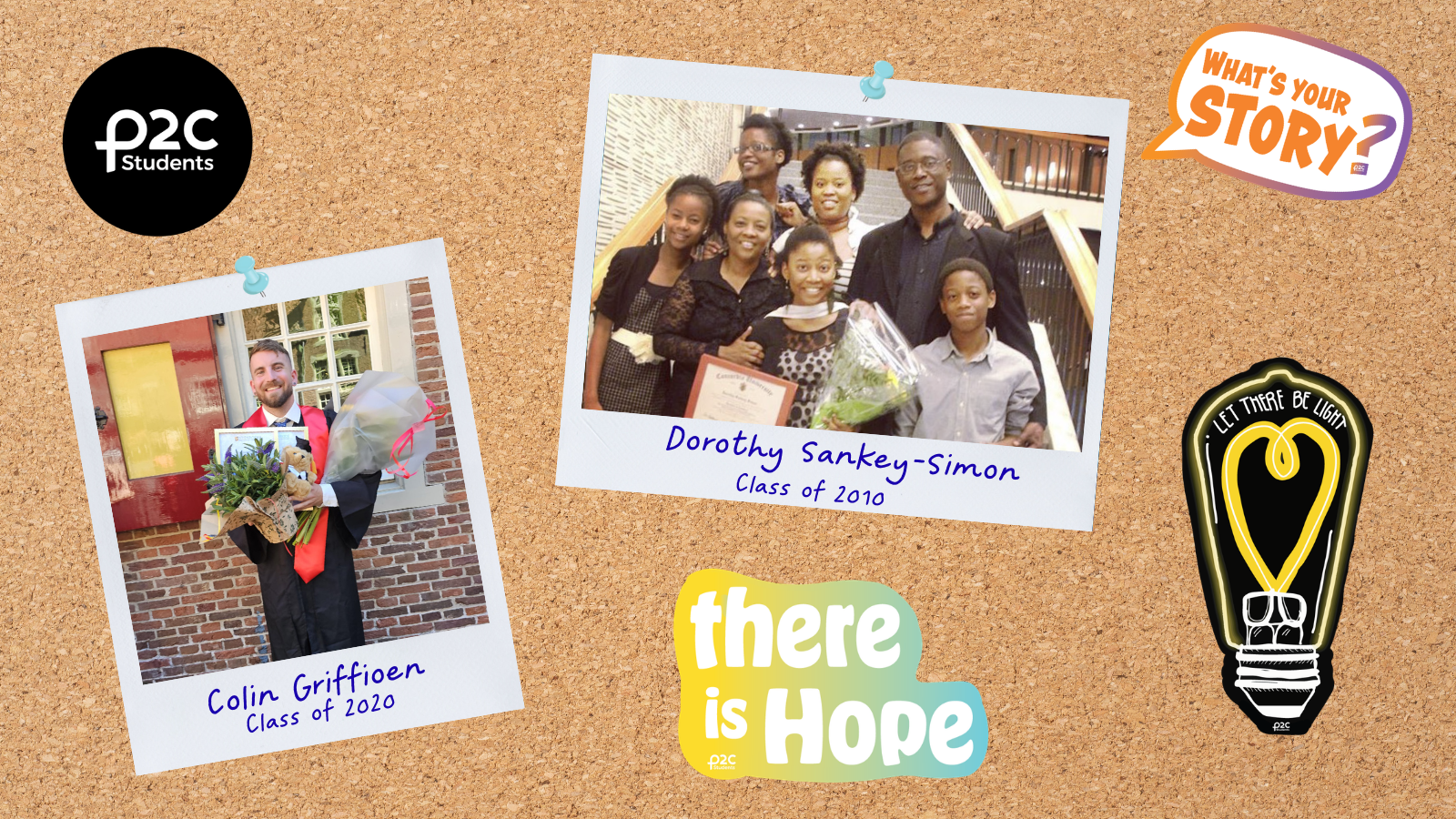 Corkboard with graduation photos and stickers pinned to it